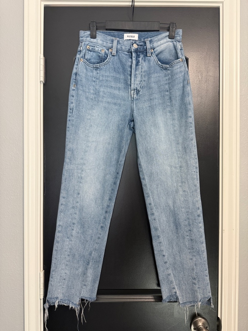 pistola faded light blue straight leg jeans with frayed hem sz 24